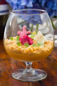 Passion fruit sorbet, yoghurt mousse, mango coulis, chocolate textures, raspberry jelly, passion fruit and almond crumble
